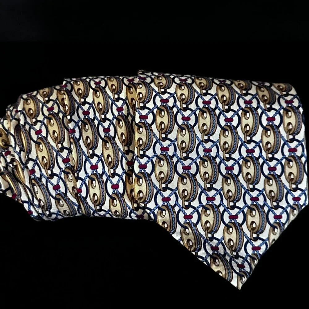 Gucci Gold Silk Tie Link Chain EUC Neckwear White Baroque rococo VTg